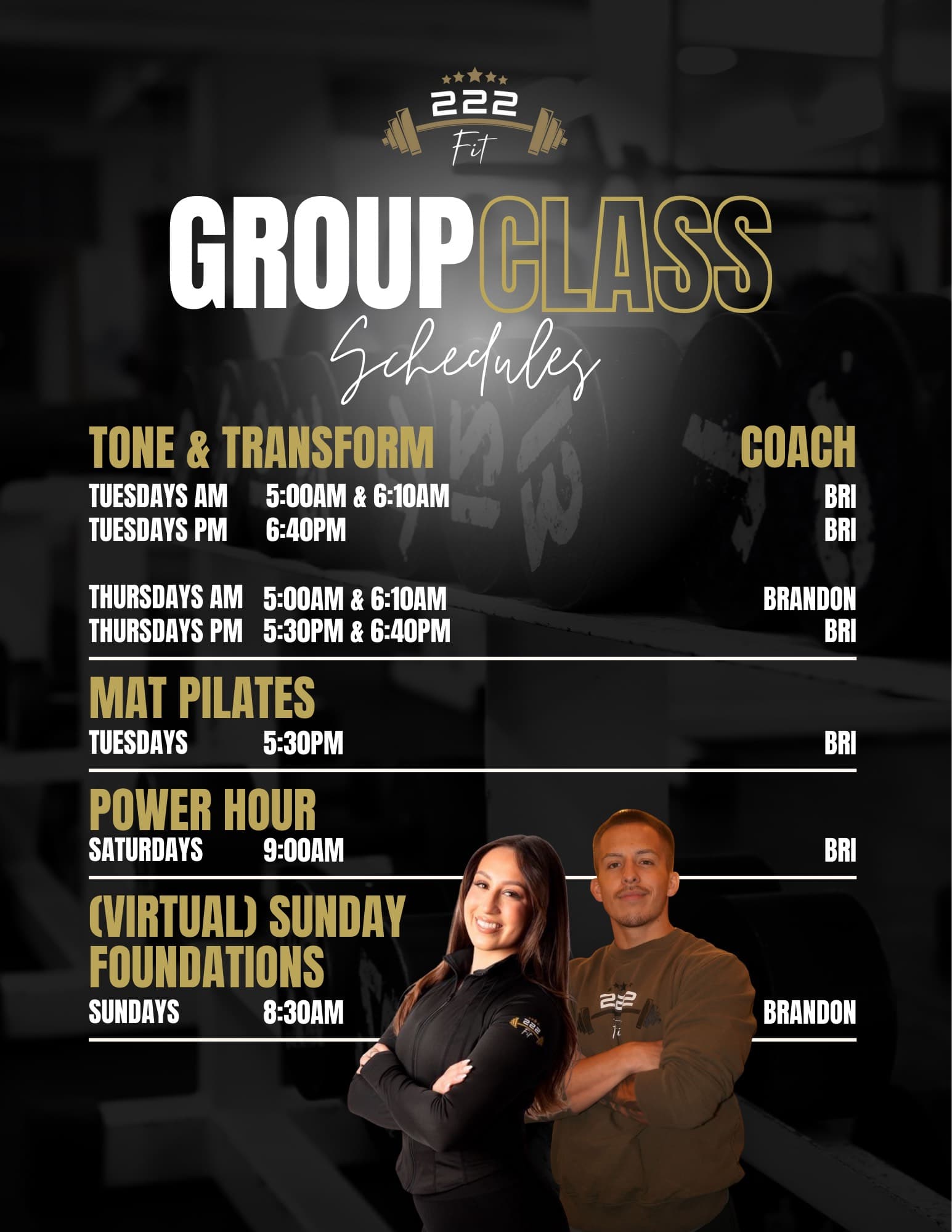 222 Fit group class schedule in Carol Stream including Tone & Transform, Mat Pilates, Power Hour, and Virtual Foundations